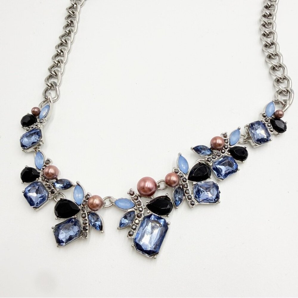 Silver Tone Chain Necklace with Blue Rhinestones & Faux Pearls - Picture 3 of 8